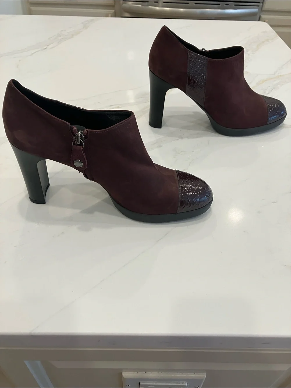 Geox Burgundy Platform Suede Booties w/ Patent Leather Cap Toe- Never Worn
